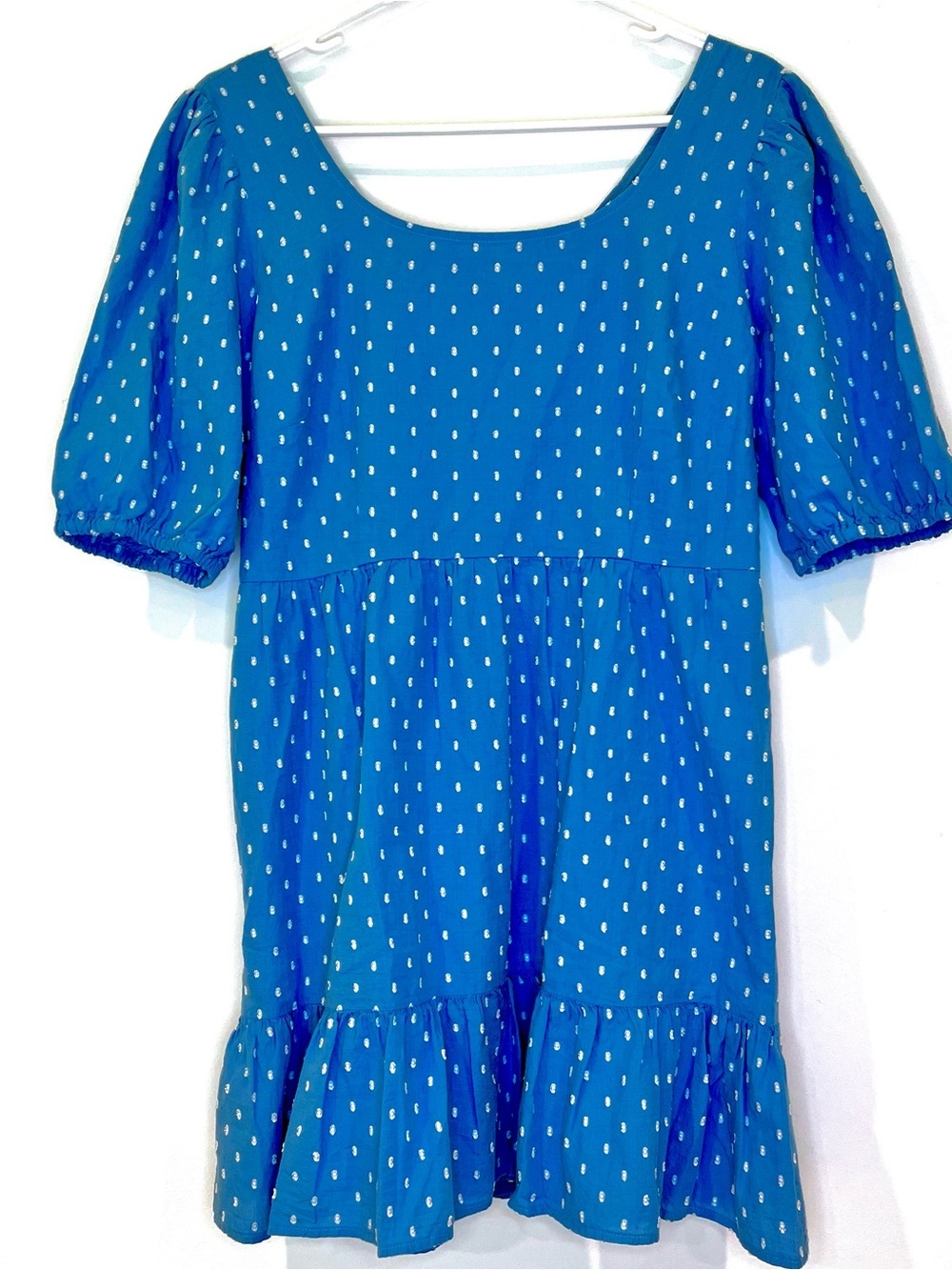 LOFT‎ Blue Swiss Dot Puff Sleeve Tie Back Babydoll Summer Dress NWT 10P